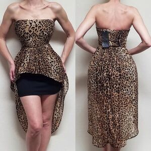 Almost Famous Black Strapless Bodycon Leopard Print Overlay Hi-low Mini Dress S